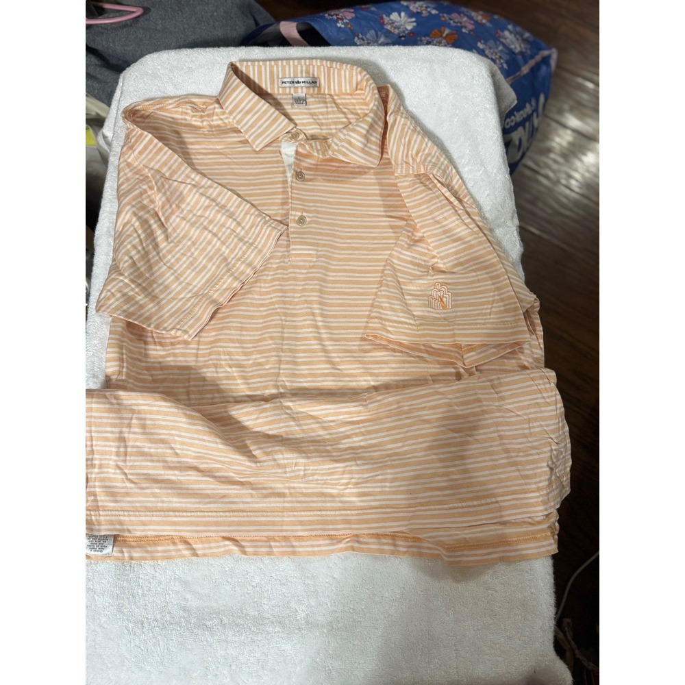 Peter Millar Mens Large Orange White Striped Cotton Short Sleeve Polo Shirt L